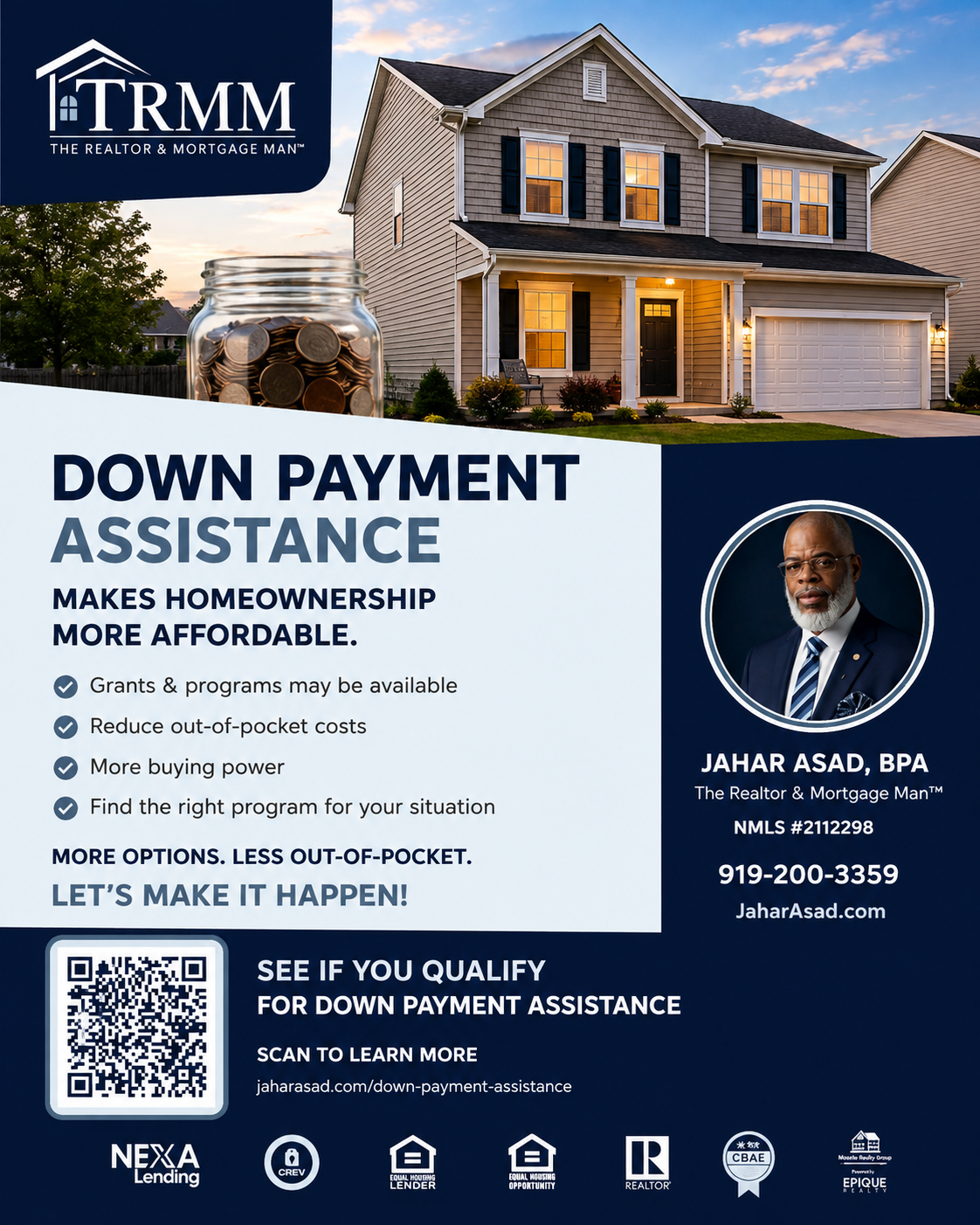 Final locked Down Payment Assistance campaign artwork with entry-level two-story home